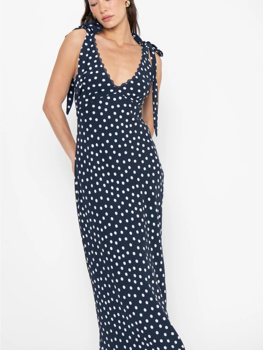 Show Me Your MuMu Emma Midi Dress in navy Polka Dot Lace Trim Slip dress - Small